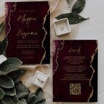 Convites Casamento de Código QR do Script de Agato Vermelho<br><div class="desc">Este elegante convite de casamento mostra uma imagem de fundo da cor vermelha da água da burgundy, agada com brilho de ouro falso. O texto personalizável combina manuscrito, protetor e fontes itálicas de cor dourada. O verso fornece espaço para detalhes do casamento em um fundo de agata burgundy correspondente, junto...</div>