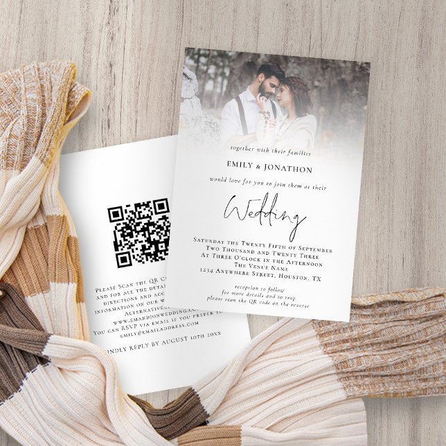 Convites Casamento de Código QR do Script de Sobreposição d (Front and back view. Available digitally and printed. Part of a large matching wedding suite)
