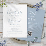 Convites Casamento de Código QR do Script Elegante Azul Dus<br><div class="desc">Apresentando nomes de estilo de assinatura,  este elegante convite de casamento azul empoeirado pode ser personalizado com todas as suas informações especiais sobre o dia do casamento na frente e os detalhes do seu website de casamento e o código QR no verso. Projetado por Thisnotme©</div>