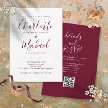 Convites Casamento de Código QR do Script Elegante Burgundy<br><div class="desc">Apresentando nomes de estilo de assinatura,  este elegante convite de casamento burgundy pode ser personalizado com todas as suas informações especiais sobre o dia do casamento na frente e os detalhes do seu website de casamento e o código QR no verso. Projetado por Thisnotme©</div>