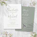 Convites Casamento de Código QR do Script Elegante Verde Sa<br><div class="desc">Apresentando nomes de estilo de assinatura,  este convite elegante para casamento verde de sábio pode ser personalizado com todas as suas informações especiais sobre o dia do casamento na frente,  seus detalhes do site do casamento e seu código QR no verso. Projetado por Thisnotme©</div>