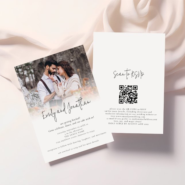 Convites Casamento de Código QR do Script Informal de Sobre (Front and back view)