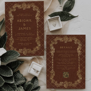 Convites Casamento de Código QR Dourado de Fita de Frame Vi