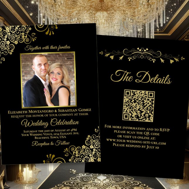 Convites Casamento de Código QR e Foto Dourada e Preta Eleg (Front/Back)