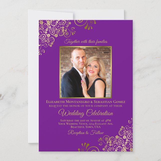 Convites Casamento de Código QR e Foto Dourada e Roxo Elega (Frente)