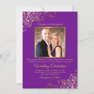 Convites Casamento de Código QR e Foto Dourada e Roxo Elega