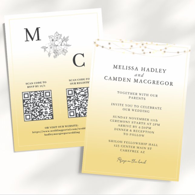 Convites Casamento de Código QR Elegante Amarelo (Criador carregado)