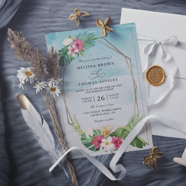 Convites Casamento de Código QR Elegante de Flor Tropical d (Criador carregado)
