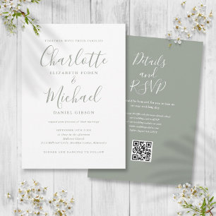 Convites Casamento de Código QR em Script Elegante Verde Sá