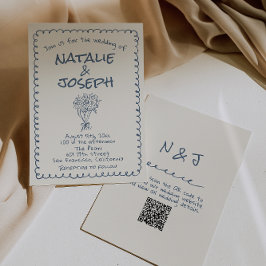 Convites Casamento de Código QR Escrito Desenhado à Mão Azu