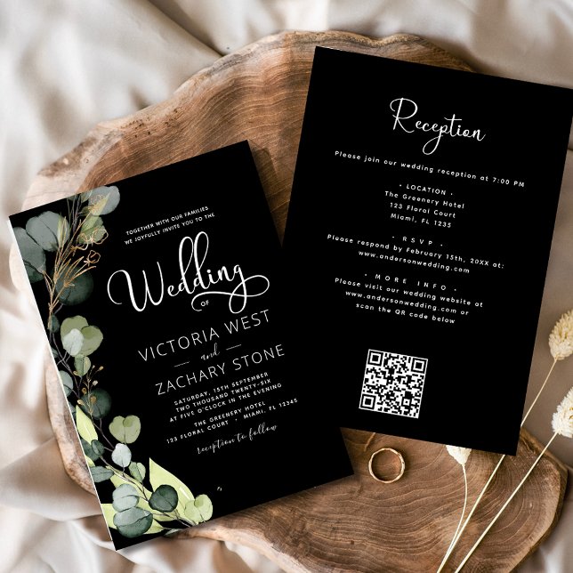 Convites Casamento de Código QR Eucalyptus - Tudo Preto em  (Criador carregado)