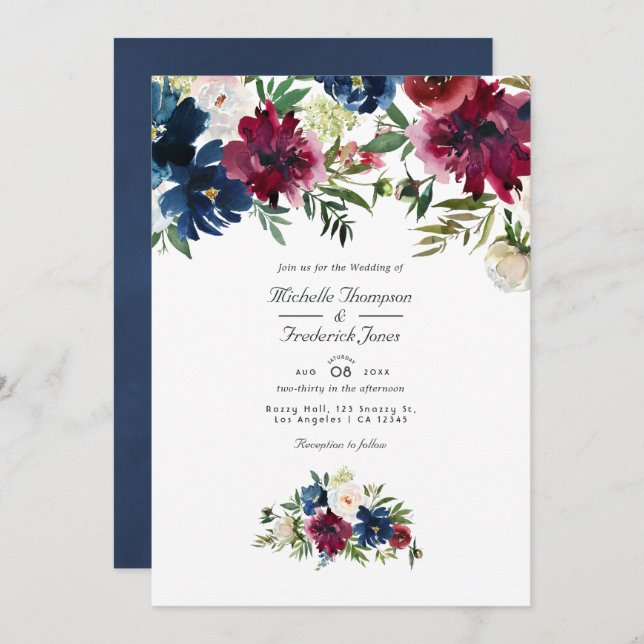 Convites Casamento de Código QR Floral de Bordo e Marinho (Frente/Verso)