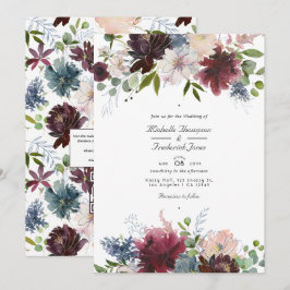 Convites Casamento de Código QR Floral de Borgonha, Marinho