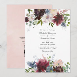 Convites Casamento de Código QR Floral de Borgonha, Marinho