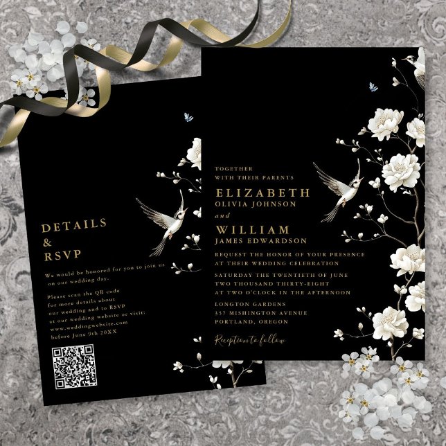 Convites Casamento de Código QR Floral de Chinoiserie Preta (Black And Gold Chinoiserie Floral QR Code Wedding Invitation)