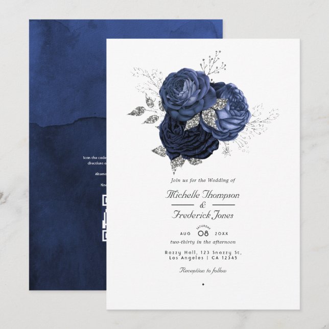 Convites Casamento de Código QR Floral de marinho e Faux Gl (Frente/Verso)