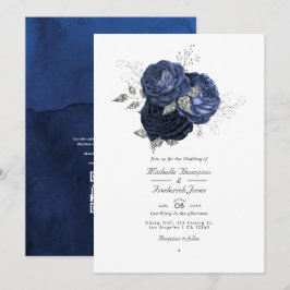 Convites Casamento de Código QR Floral de marinho e Faux Gl
