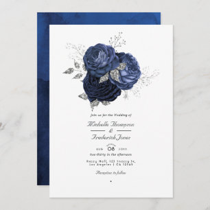 Convites Casamento de Código QR Floral de marinho e Faux Gl