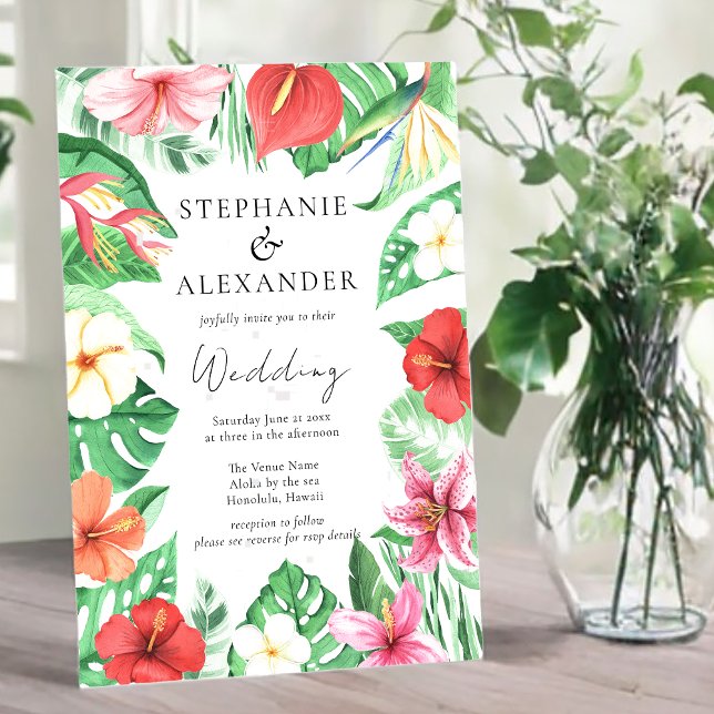 Convites Casamento de Código QR Floral de Praia Tropical (Criador carregado)