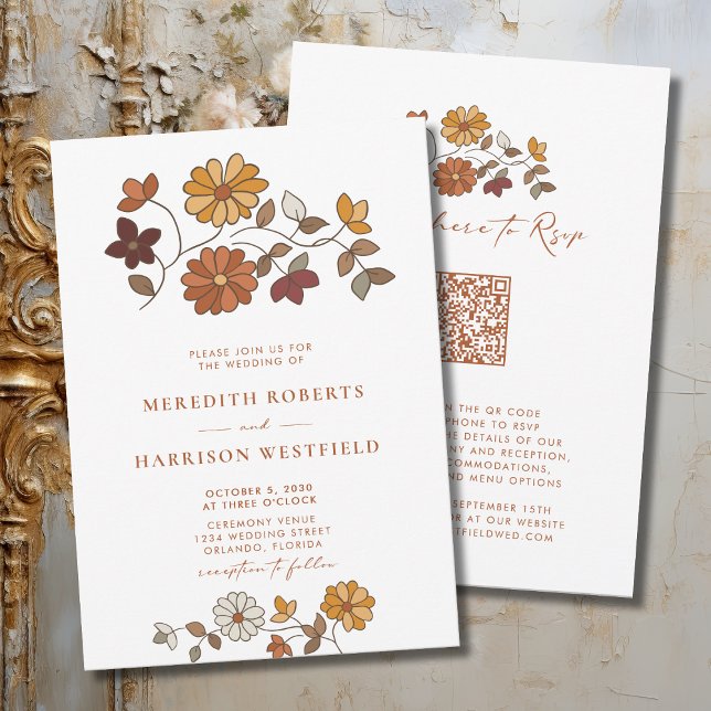 Convites Casamento de Código QR Floral de Queda Whimsical (Whimsical Retro Boho Floral Wedding Invitation for Mix and Match Collection)