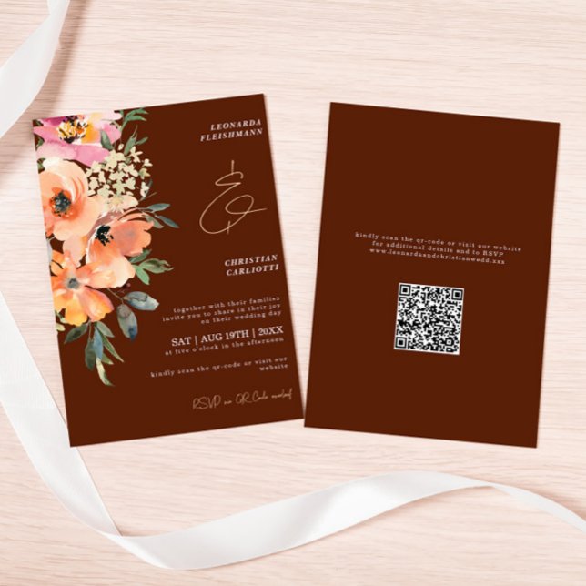 Convites Casamento de Código QR Floral de Terracotta (Criador carregado)