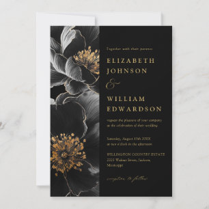 Convites Casamento de Código QR Floral Dourado e Preto