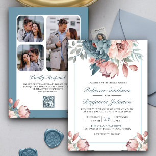 Convites Casamento de Código QR Floral Dusty Blue e Rosa