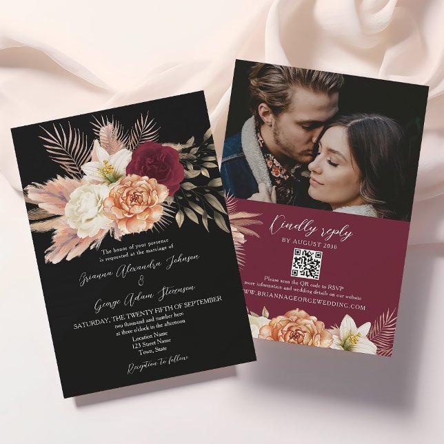 Convites Casamento de Código QR Floral Preto Burgundy (Criador carregado)