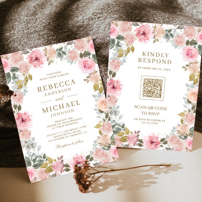 Convites Casamento de Código QR Floral Rosa e Dourado (Criador carregado)
