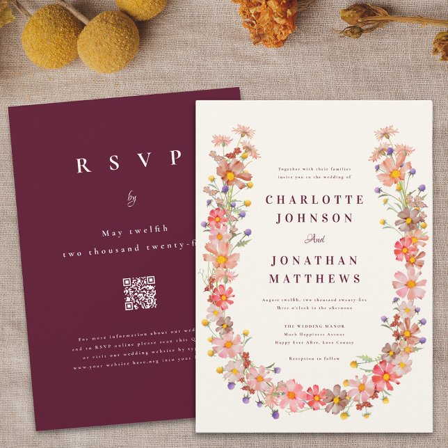 Convites Casamento de Código QR Floral Russo Boho Fall Fall (Boho wildflower wreath burgundy fall floral wedding invitation elegant stylish bohemian )