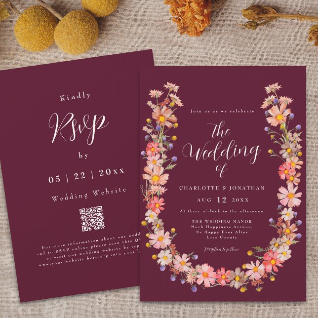 Convites Casamento de Código QR Floral Russo Burgundy Boho  (Boho fall rustic wildflower burgundy and cream ivory wedding qr code invitation Watercolor florals)