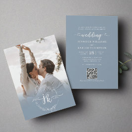 Convites Casamento de Código QR Foto de Monograma Azul com 