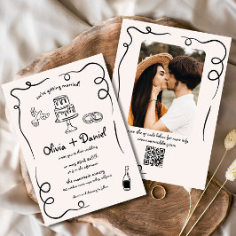 Convites Casamento de Código QR Foto Desenhada à Mão Branca