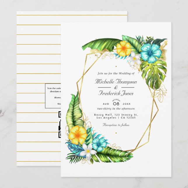 Convites Casamento de Código QR Geométrico Aloha Tropical d (Frente/Verso)