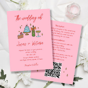 Convites Casamento de Código QR Imísico Retrópico Cor-de-Ro