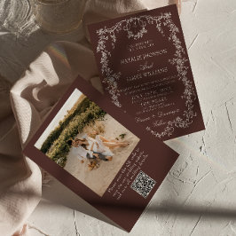 Convites Casamento de Código QR Marrom Chocolate com Floral