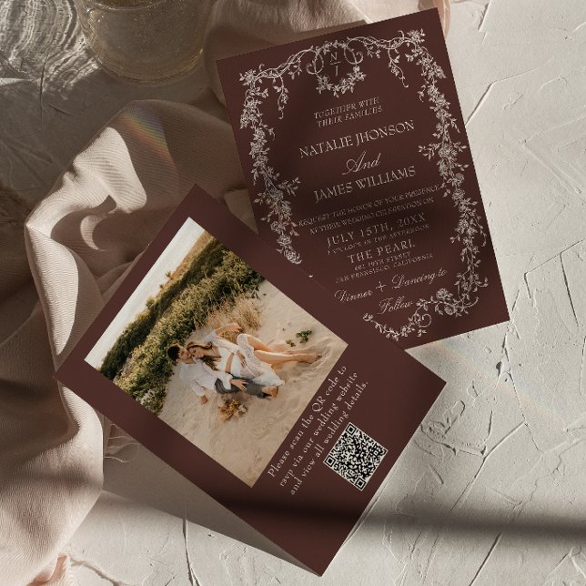 Convites Casamento de Código QR Marrom Chocolate com Floral (Criador carregado)