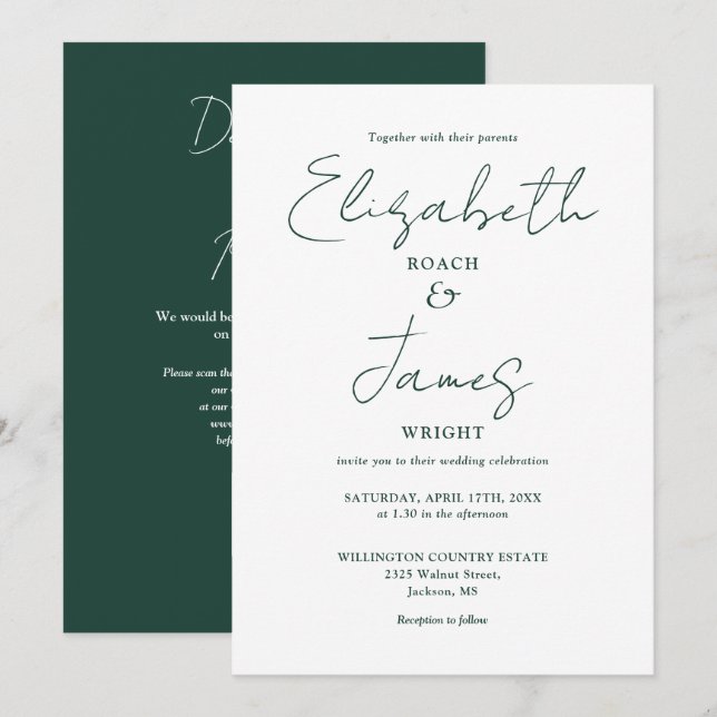 Convites Casamento de Código QR Minimalista Verde Esmeralda (Frente/Verso)