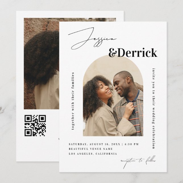Convites Casamento de Código QR Mínimo do Arch Branco Moder (Frente/Verso)