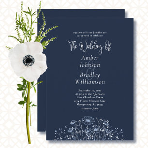 Convites Casamento de Código QR Mínimo Floral Branco Azul m