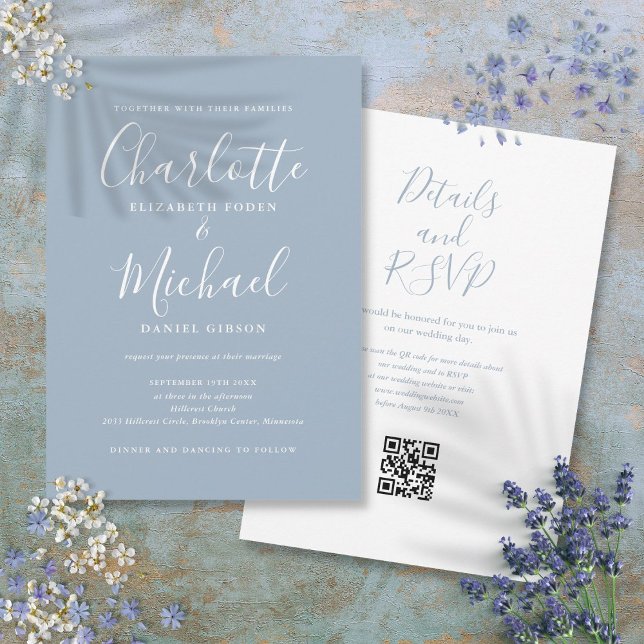 Convites Casamento de Código QR Moderno Azul Dusty Script E (Elegant Script Dusty Blue Modern QR Code Wedding Invitation)