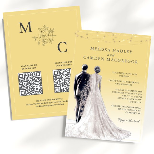 Convites Casamento de Código QR Moderno Elegante Amarelo (Criador carregado)