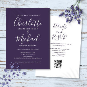 Convites Casamento de Código QR Moderno Roxo de Script Eleg