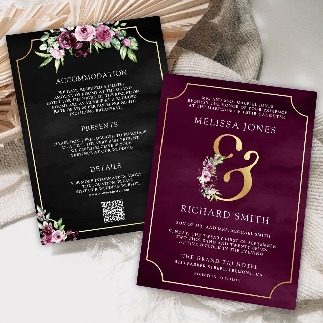 Convites Casamento de Código QR Preto com Ampersand Floral  (Criador carregado)