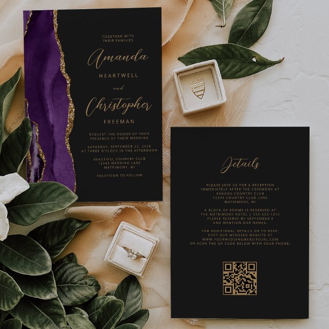 Convites Casamento de Código QR Preto de Agato Dourado Roxo (Criador carregado)