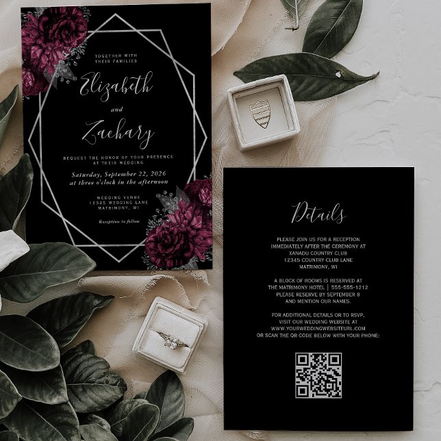 Convites Casamento de Código QR Preto de Moldura Floral Bur (Criador carregado)