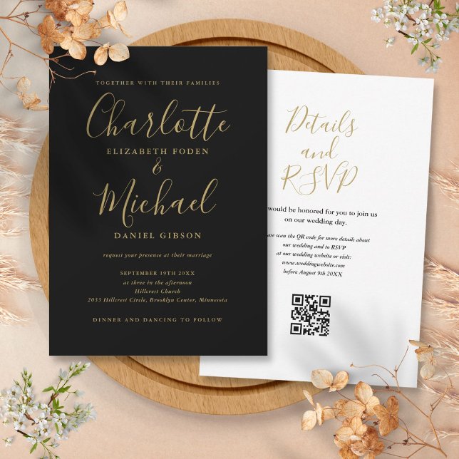 Convites Casamento de Código QR Preto e Dourado com Script  (Elegant Script Black And Gold QR Code Wedding Invitation)