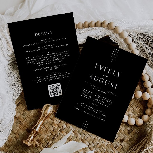 Convites Casamento de Código QR Preto Preto da Deco de Arte (EVERLY Modern Art Deco Black White QR Code Wedding Invitation)