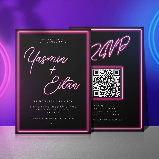 Convites Casamento de Código QR Preto-Rosa Negra-Quente das (Black invitation with pink neon light script for the bride and groom's names)