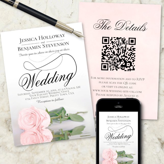 Convites Casamento de Código QR Romântico Rosa Rosa Rosa Ro (Front/Back/Downloadable)